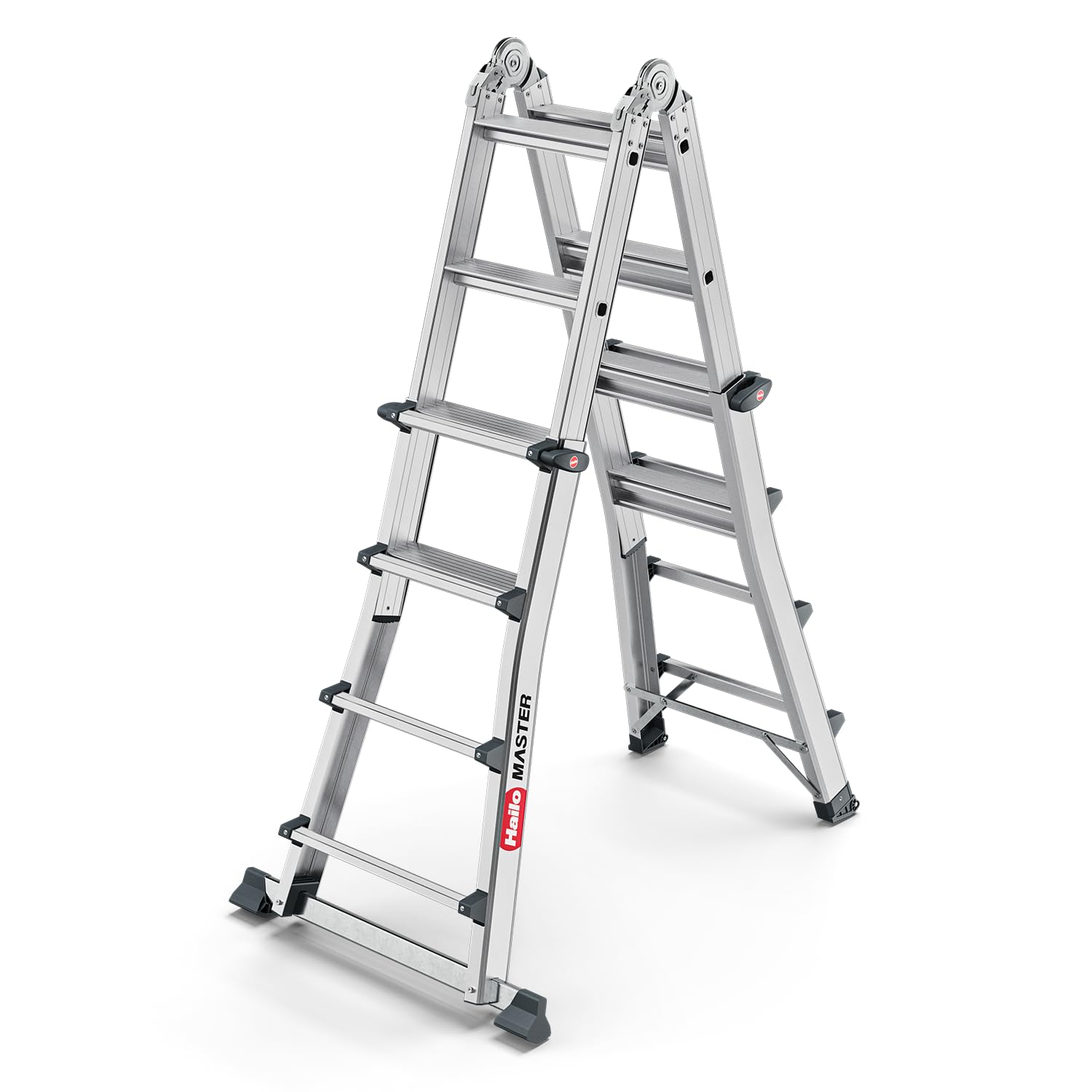 Hailo Master M100 Alu-Multifunktionsleiter 4x4 Stufen bis 150 kg, Silber | Verwendbar als Anlege-, Schiebe- und Stehleiter, Stufen im Arbeitsbereich für sicheren Stand