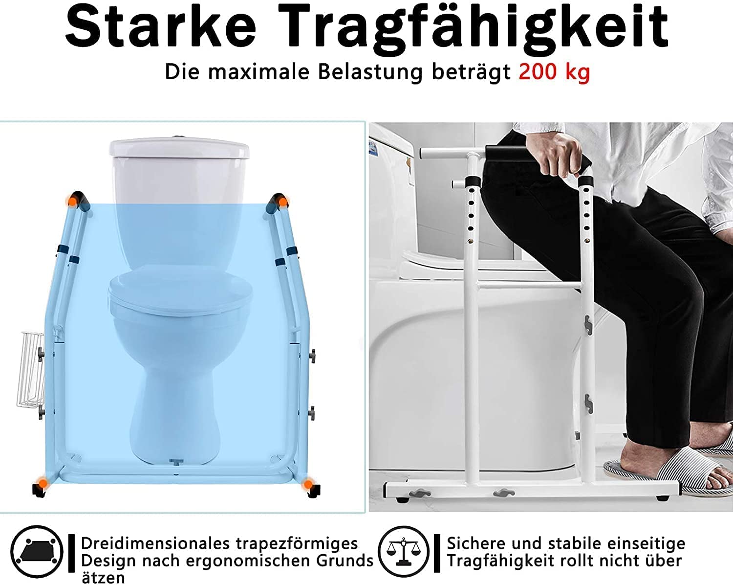 YUENFONG Supporto per Toilet Altezza regolabile telaio di WC con cesto di stoccaggio, caricabile fino a 200 kg, bianco
