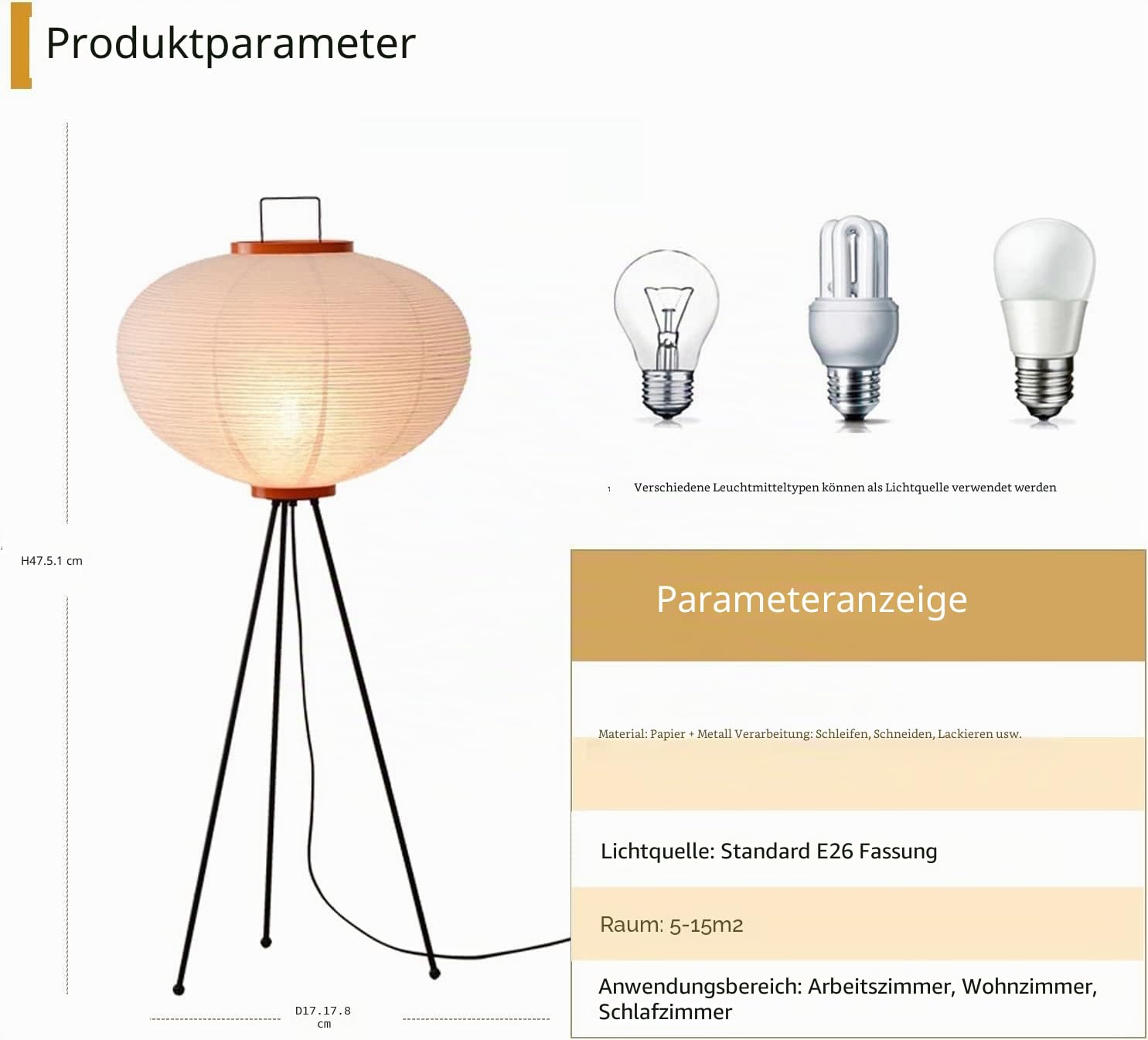 Stehlampe aus Papier, japanische Laterne des Morden-Festivals, Stehlampe und Lampenkäfig aus Papier und Chrom (warmes Licht 3000 K), modern, klassisch, E26, für Tischlampe