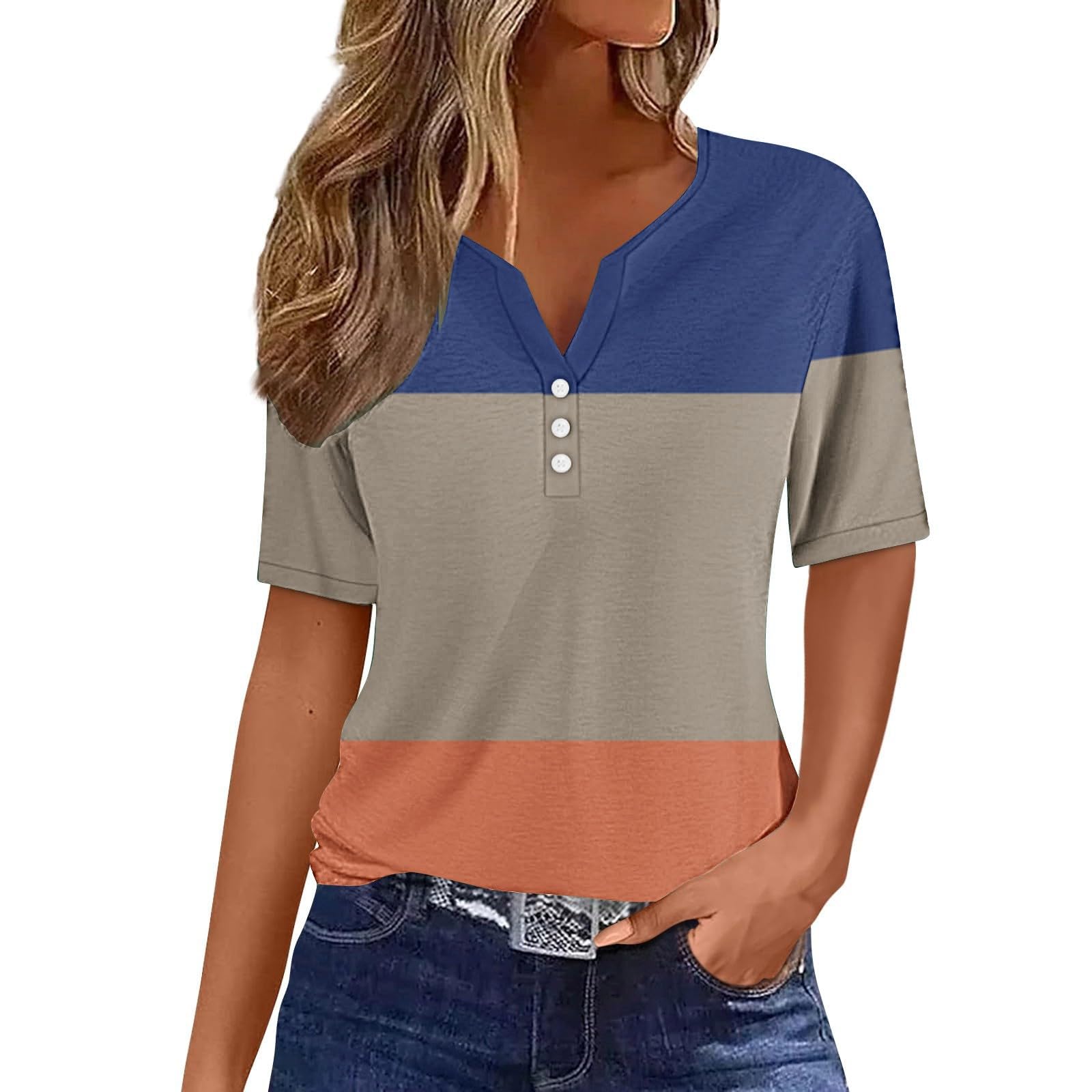 Firzero Going Out Tops for Women Sexy Summer Short Sleeve Blouse Casual Printed V Neck T Shirts Henley Button Tunic Tees