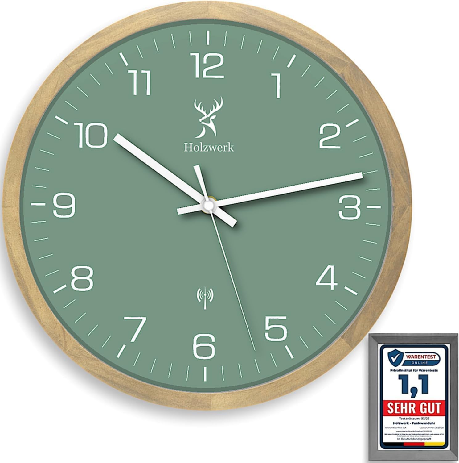 Holzwerk NAUMBURG (Funk) Natur Holz Funkwanduhr Wanduhr Moderne Funk Holz-Uhr Glas Funkuhr Grün Buche nahezu lautloses Uhrwerk aus handgefertigtem Massivholz 30 cm Durchmesser (Hw.grün..)