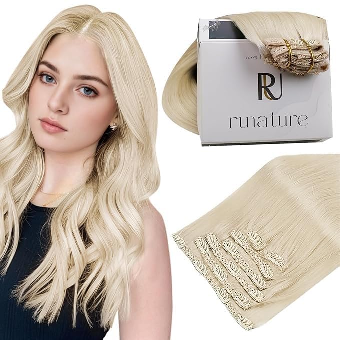 RUNATURE Hair Extensions Clip in Real Human Hair White Blonde Clip Hair Extension Blonde Straight Hair 14 Inch 120g