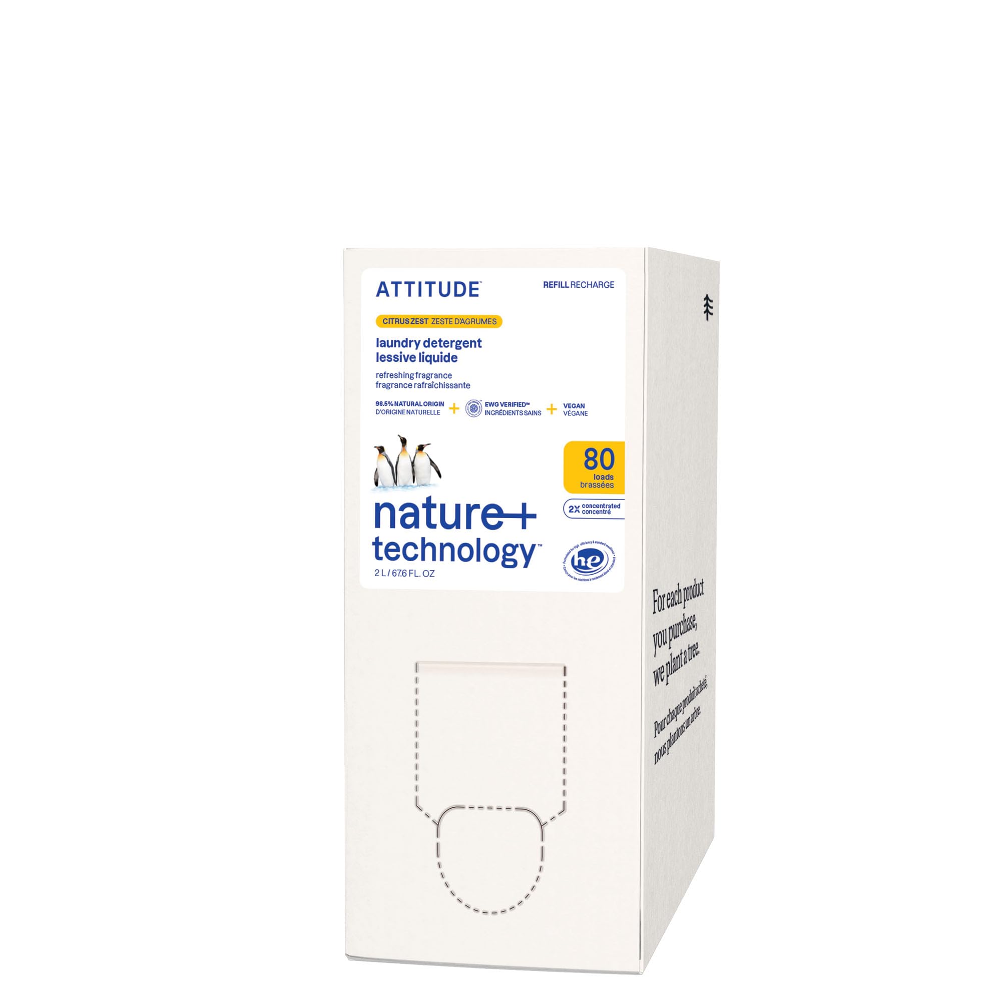 ATTITUDE Liquid Laundry Detergent Refill, EWG Verified, HE Compatible, Plant-Based & Vegan, Natural Laundry Soap, Citrus Zest Scent, 80 Loads, 67.6 Fl Oz