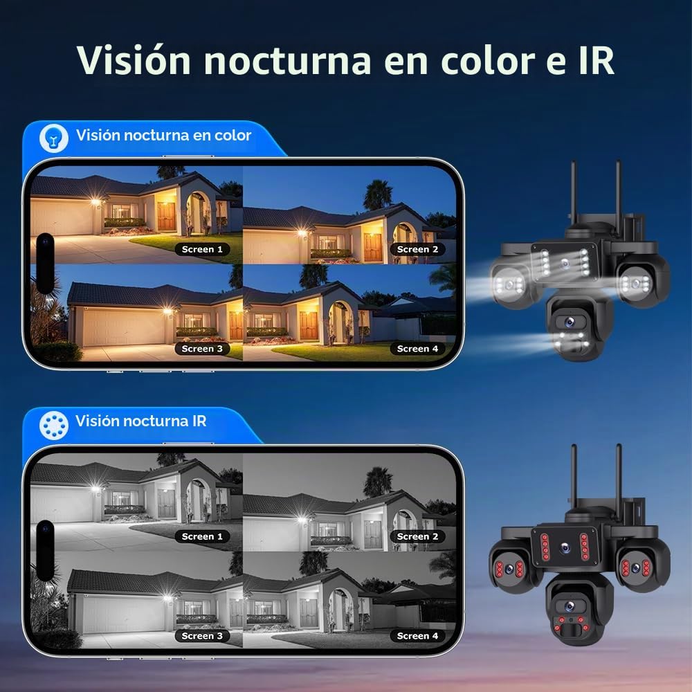 SHIWOJIA 4G AOV Cámara solar 【Cuatro objetivos】 con tarjeta SIM 20100mAh cámara exterior inalámbrica, detección de persona 20MP HD, independiente con batería grabación continua 24/7, visión nocturna