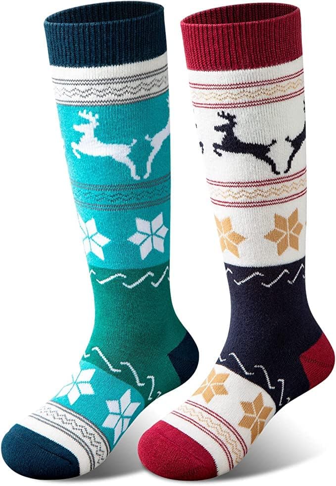 Cimkiz Merino Wool Kids Ski Socks (2 Pairs/3 Pairs) for Boys Girls Thick Warm for Winter Snow Skiing Snowboard Sports (2 Packs (Green+Wine Red), XS)