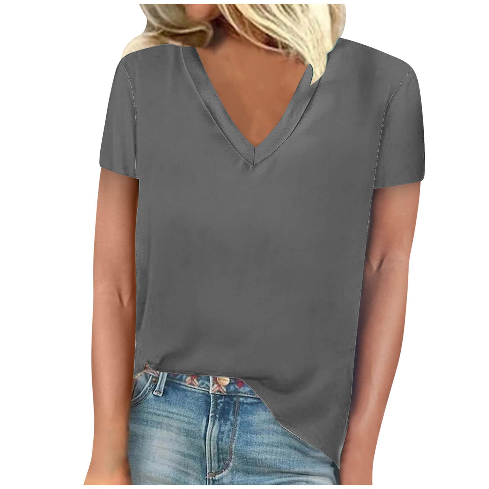 Lemoiitea Camisetas de manga corta para mujer, cuello en V, holgadas, informales, de color sólido, para descansar, camisetas regulares de verano, camisetas de trabajo diario