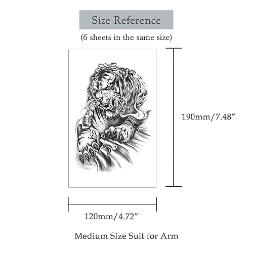 Miniatura 6 de 6 hojas brazo impermeable tatuajes temporales negro Prajna tigre dragón león loto reloj