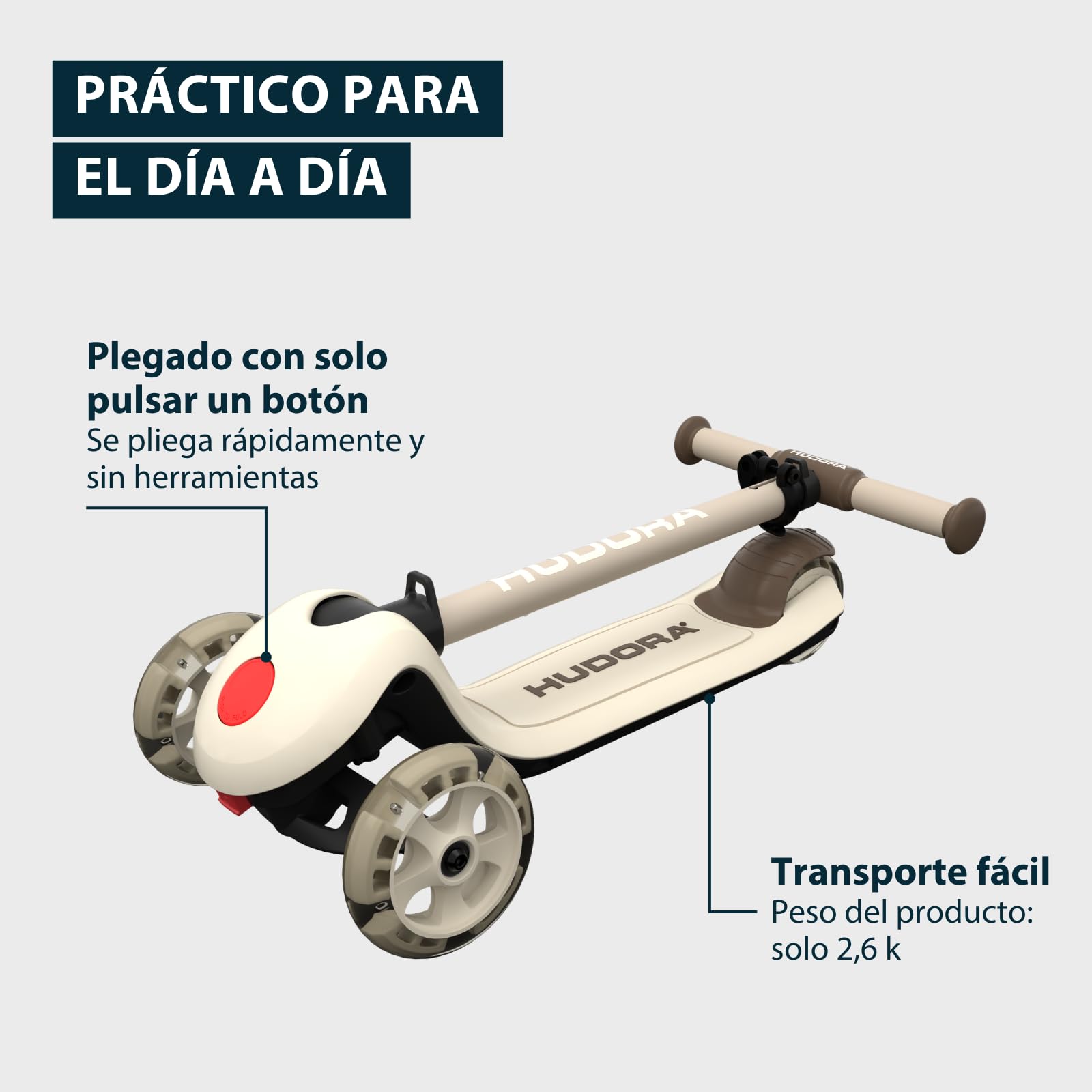 HUDORA Patinete Tri con Ruedas LED – Patinete de 3 Ruedas con Manillar Regulable en Altura – Rueda Trasera Ancha ABEC 7, Plataforma Antideslizante y Freno Trasero – Patinete de Exterior para niños