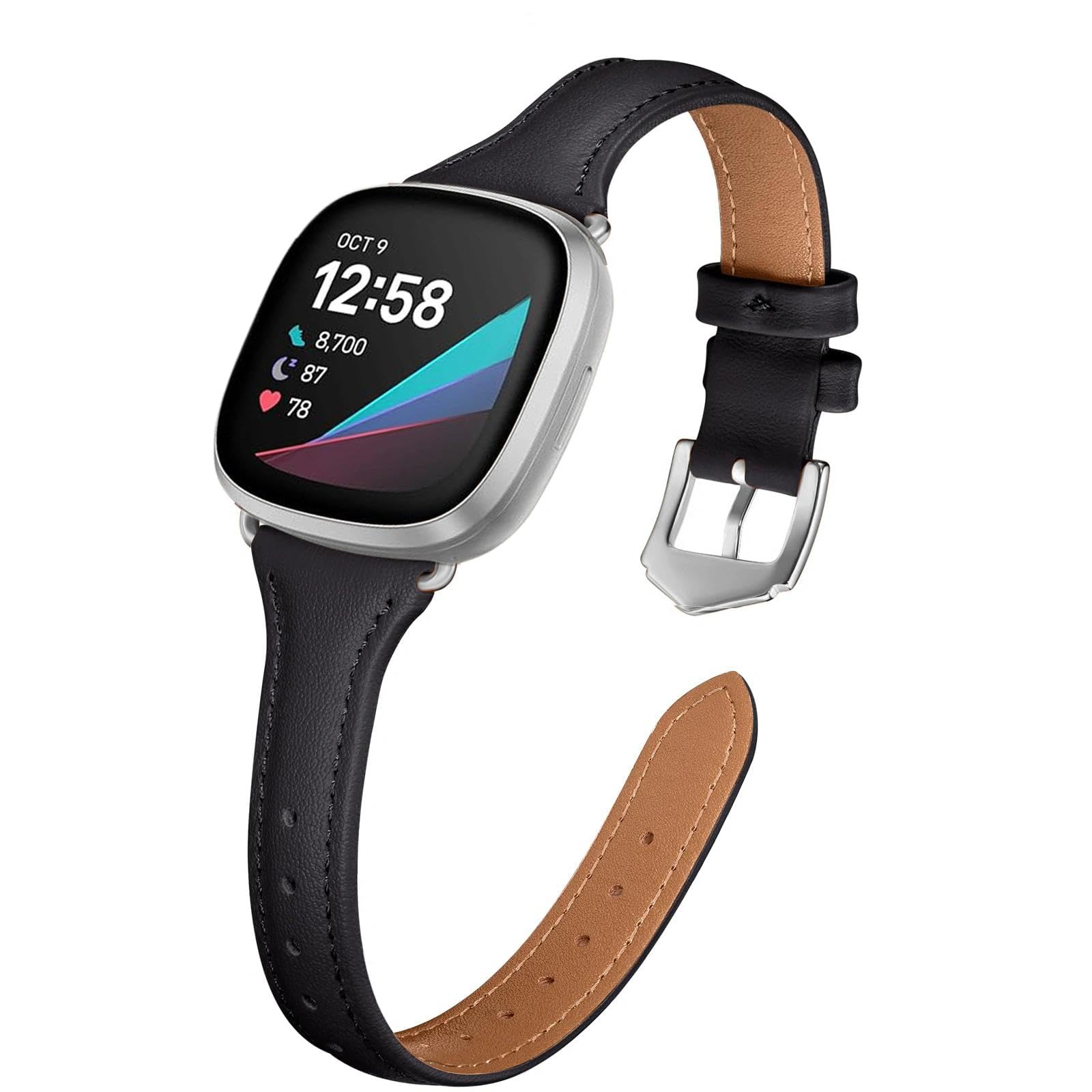 TUV PLNT Strap Compatible with Fitbit Versa 4/Versa 3/Sense 2/Sense,Leather Strap Replacement,Slim&Thin Wristband (Black/Silver)
