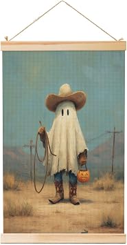 White Western Cowboy Ghost In Desert Linen Hanging Painting, Linen Wall Art Home Art Piece Modern Artwork Farmhouse Decor 16x24 Inch