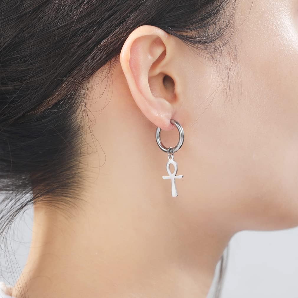 Ankh Cross Earrings For Women Men Stainless Steel Ancient Egyptian Symbol Gods Of Ankh Cross Dangle Hoop Earrings Charm Amulet Jewelry
