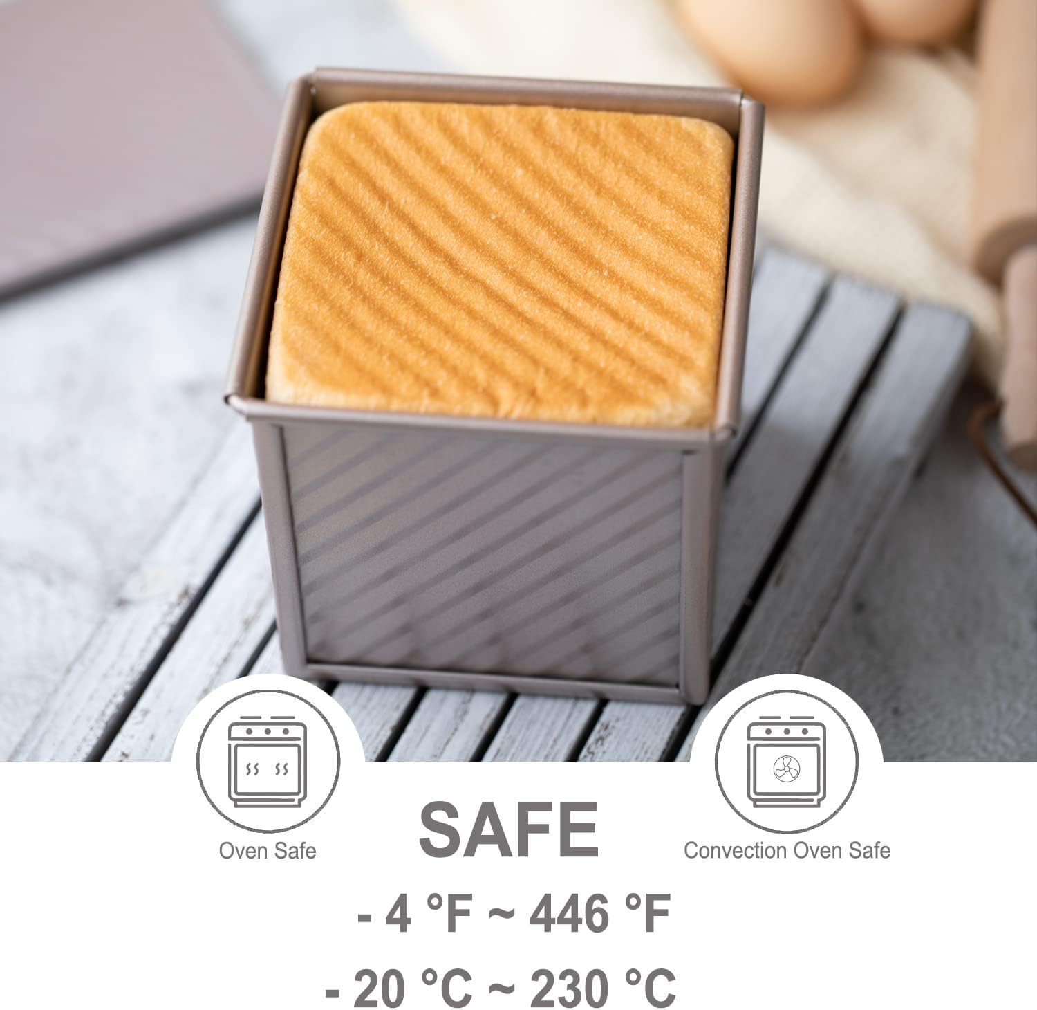 CHEFMADE Mini Pullman Loaf Pan with Lid, 0.55Lb Dough Capacity Non-Stick Rectangle Corrugated Toast Box for Oven Baking 3.9" x 3.9"x 3.9"(Champagne Gold) - Image 4