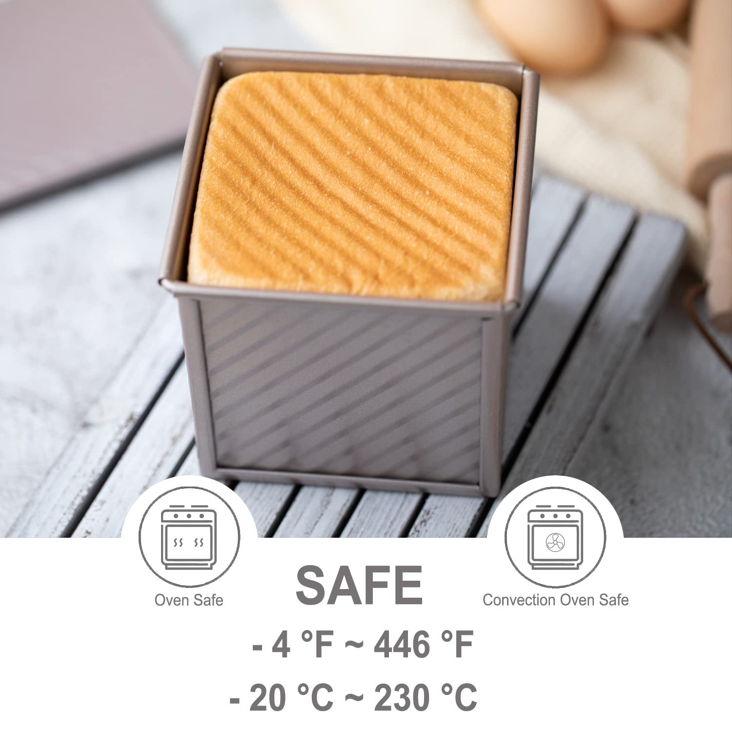 CHEFMADE Pullman Mini Brotbackform mit Deckel, 0,2 kg Teigkapazität, Rechteckige gewellte Toastbox zum Backen im Ofen, 9,9 x 9,9 x 9,9 cm (Champagnergold)