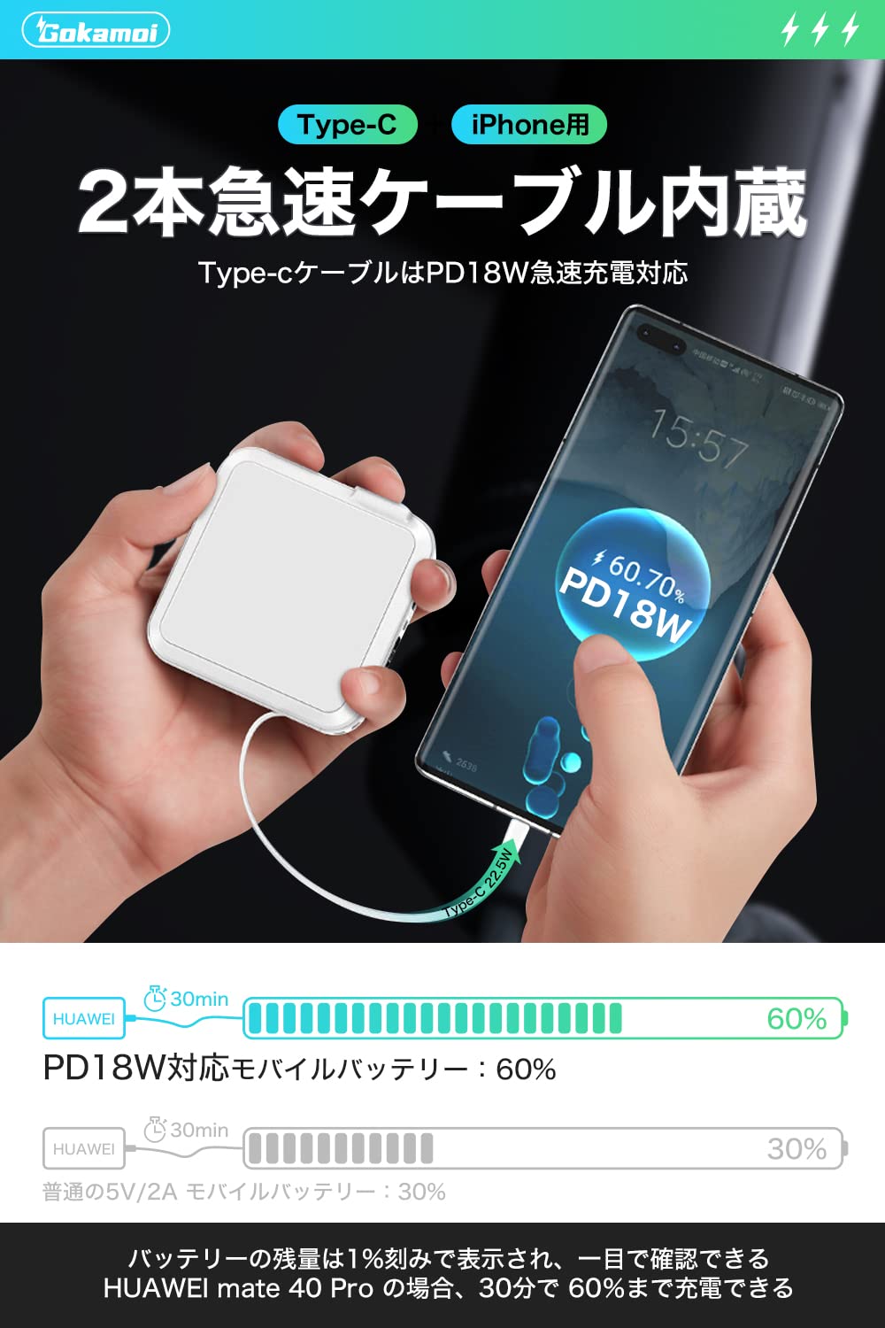 Amazon | Pnvruy モバイルバッテリー 15000mAh コンセント一体型 大
