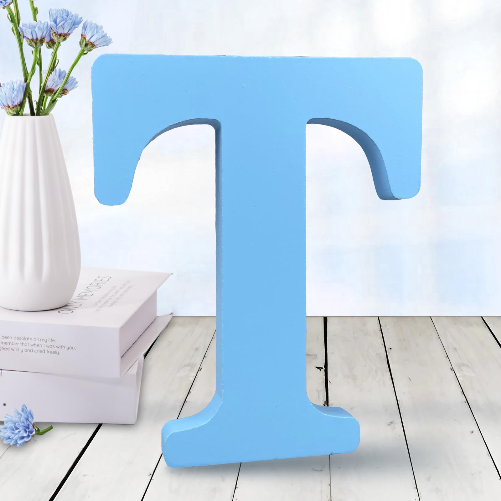 AOCEAN 6 Inch Blue Wood Letters Unfinished Wood Letters for Wall Decor Decorative Standing Letters Slices Sign Board Decoration for Craft Home Party Projects (T)