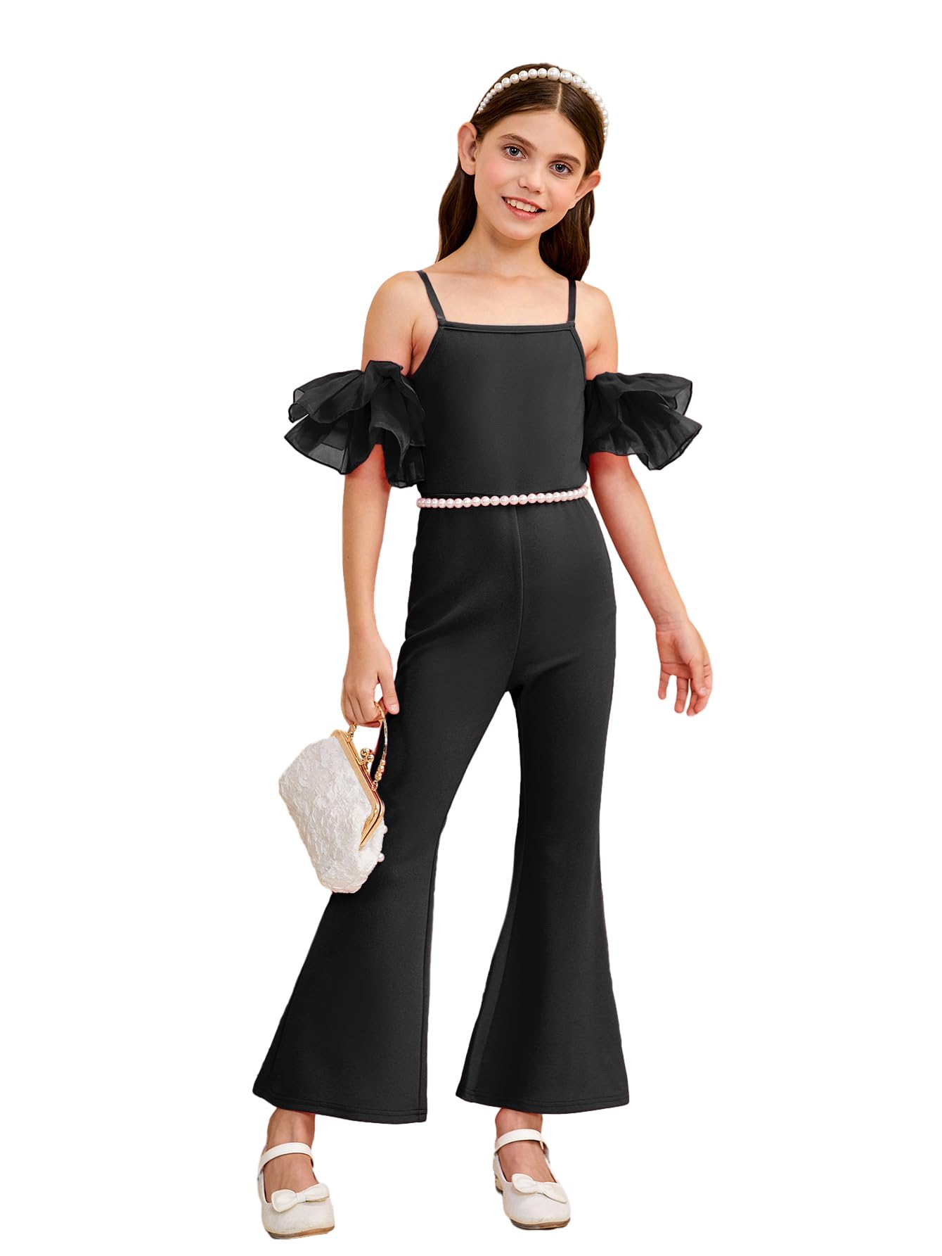 WDIRARA Girl's Cold Shoulder Ruffle Trim Short Sleeve Flare Leg Party Jumpsuits Pants Black 13-14Y