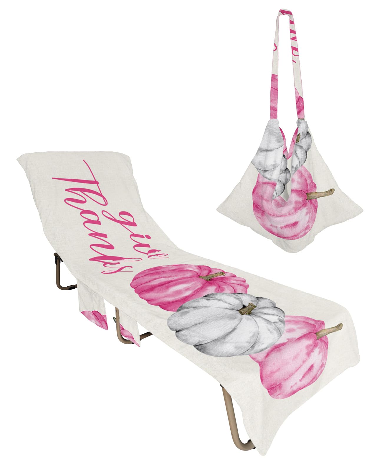 Pink White Pumpkin Beach Chair Towel Covers for Chaise Lounge with Side Pocket, Soft Plush Pool Towels Cover for Patio Sunbathing Outdoor 29''x85'' Thanksgiving Harvest Festival Fall