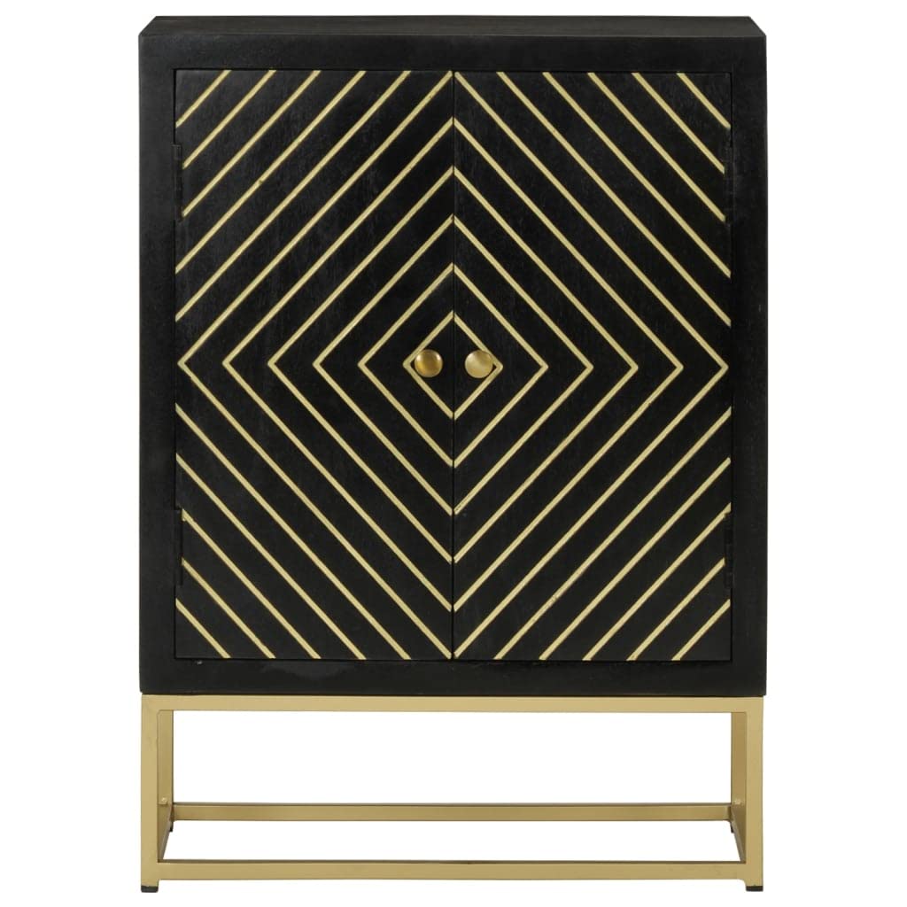 Klasyczny kredens z litego drewna mango z 2 drzwiczkami w kolorze czarno-złotym 55 x 30 x 75 cm – solidne miejsce do przechowywania z 2 półkami i dekoracyjną górną płytą do salonu i jadalni