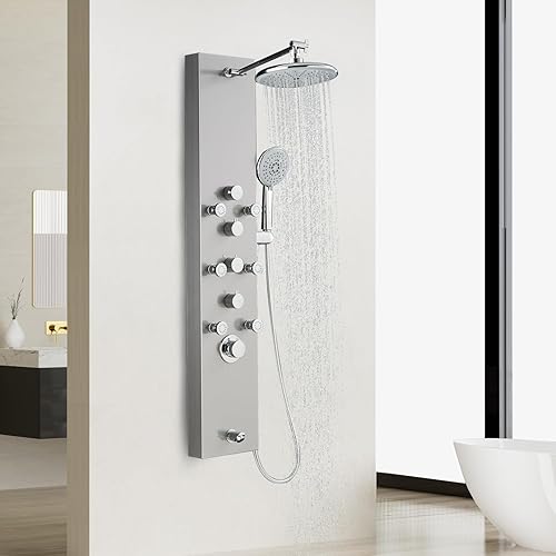 Miniatura 9 de Sistema de panel de ducha con luces LED, ducha de niebla de lluvia, chorros corporales, boquilla de mano y bañera, columna de torre de ducha con