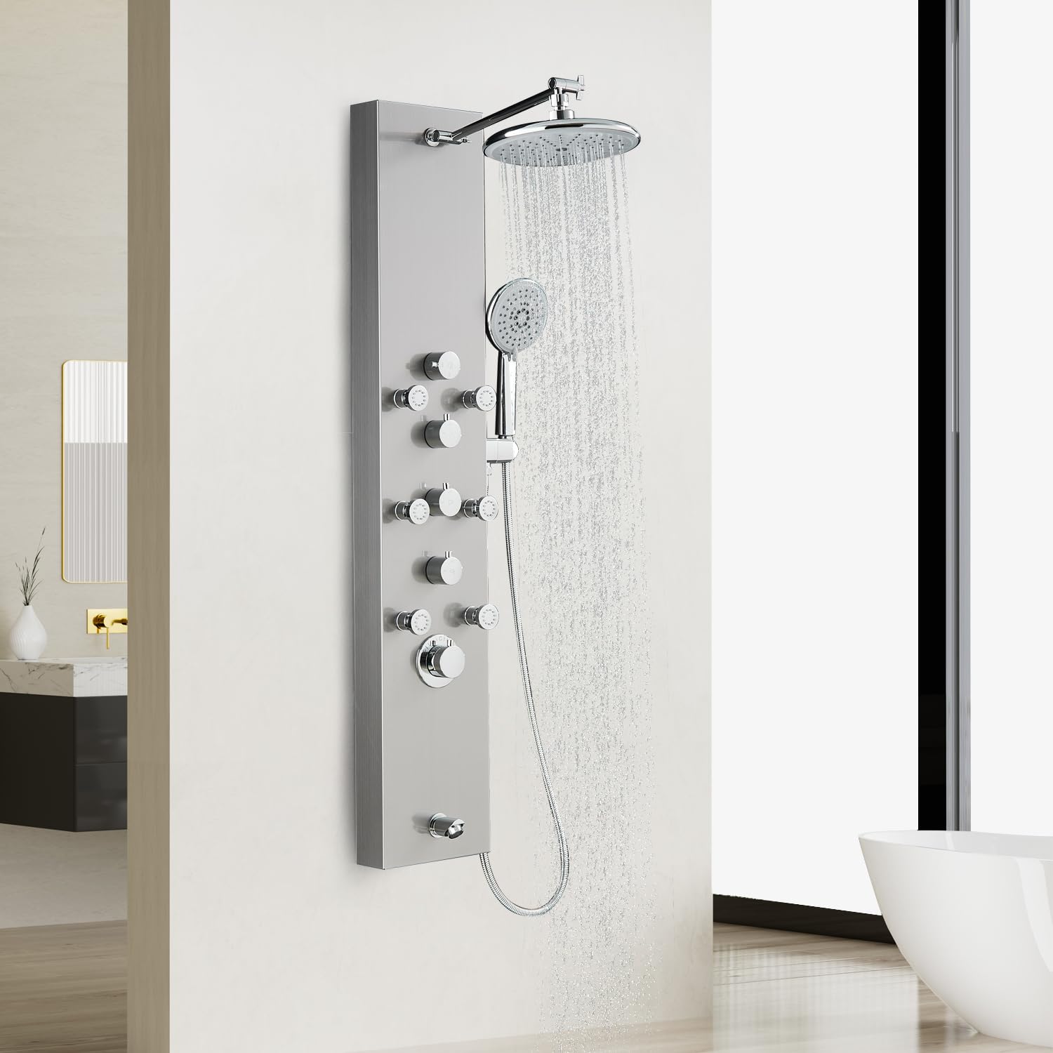 OUGOO Shower Panel Tower System – Rainfall & Waterfall Heads, 6 Adjustable Body Jets, Hand Shower, Tub Spout, Stainless Steel, Brushed Finish