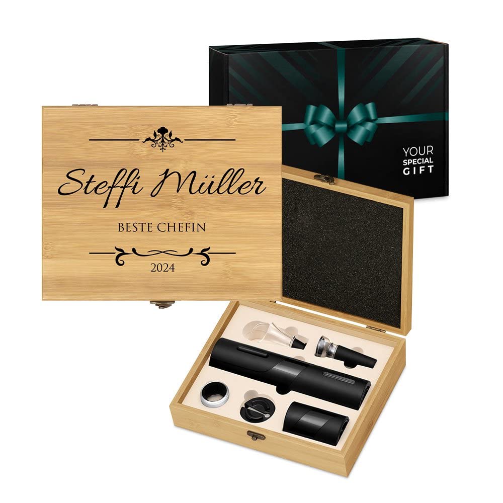 Maverton 6er Wein Zubehör Set mit Aufdruck - elektrischer Korkenzieher - automatischer Flaschenöffner - Wine Accessories - Weinöffner Set für Frauen - Weinset in Bambusbox - Eleganz