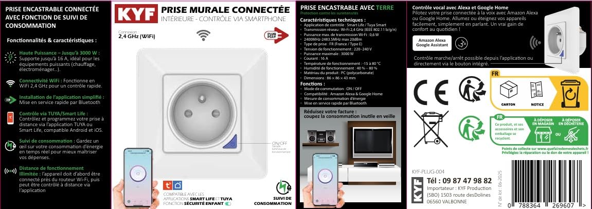 KYF Lot de 2 Prises intérieures encastrées 3000W connectées Wifi + Suivi de consommation + Compatible assistants vocaux
