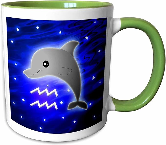 3dRose Cute Astrology Aquarius Zodiac Sign Dolphin 15oz Two-Tone Green Mug