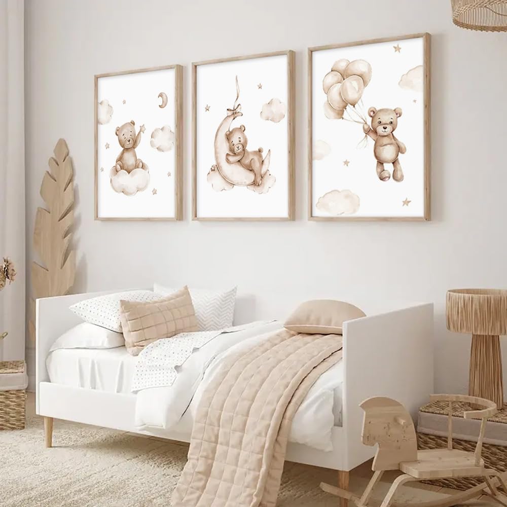 3 Affiche Ourson Chambre Bebe 30x40cm Poster Mural Enfant Garcon Nounours Nuage Ballon Tableau Chambre Bébé Beige Toile Decoration Murale Fille Cadeau sans Cadre (BOGC025-30X40)