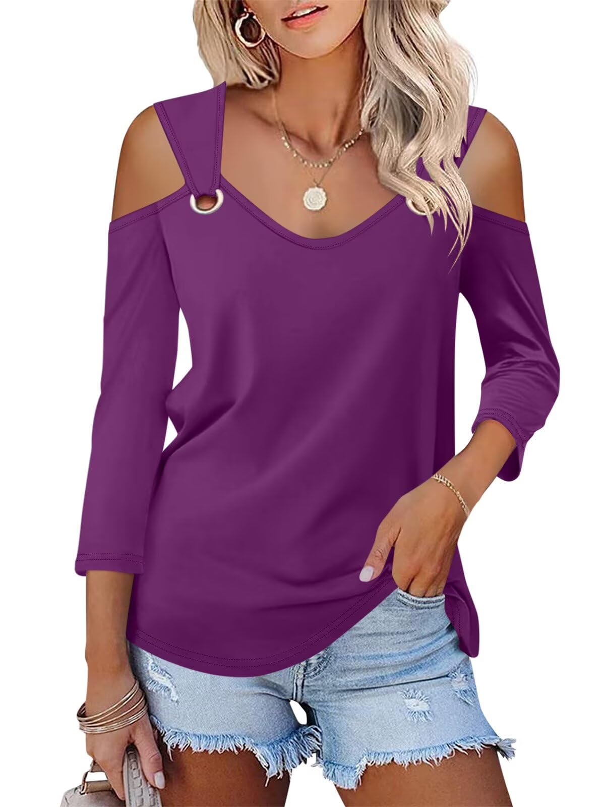 Minetom Women's V Neck 3/4 Sleeve Shirts Cold Shoulder Tops Basic Summer Tees