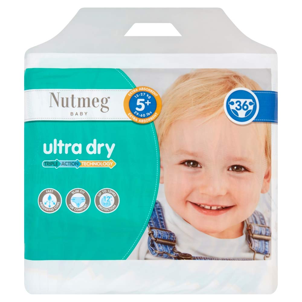 Nutmeg Baby Ultra Dry Size 5+ 13-27kg/ 29-60lbs,1 Pack of 36