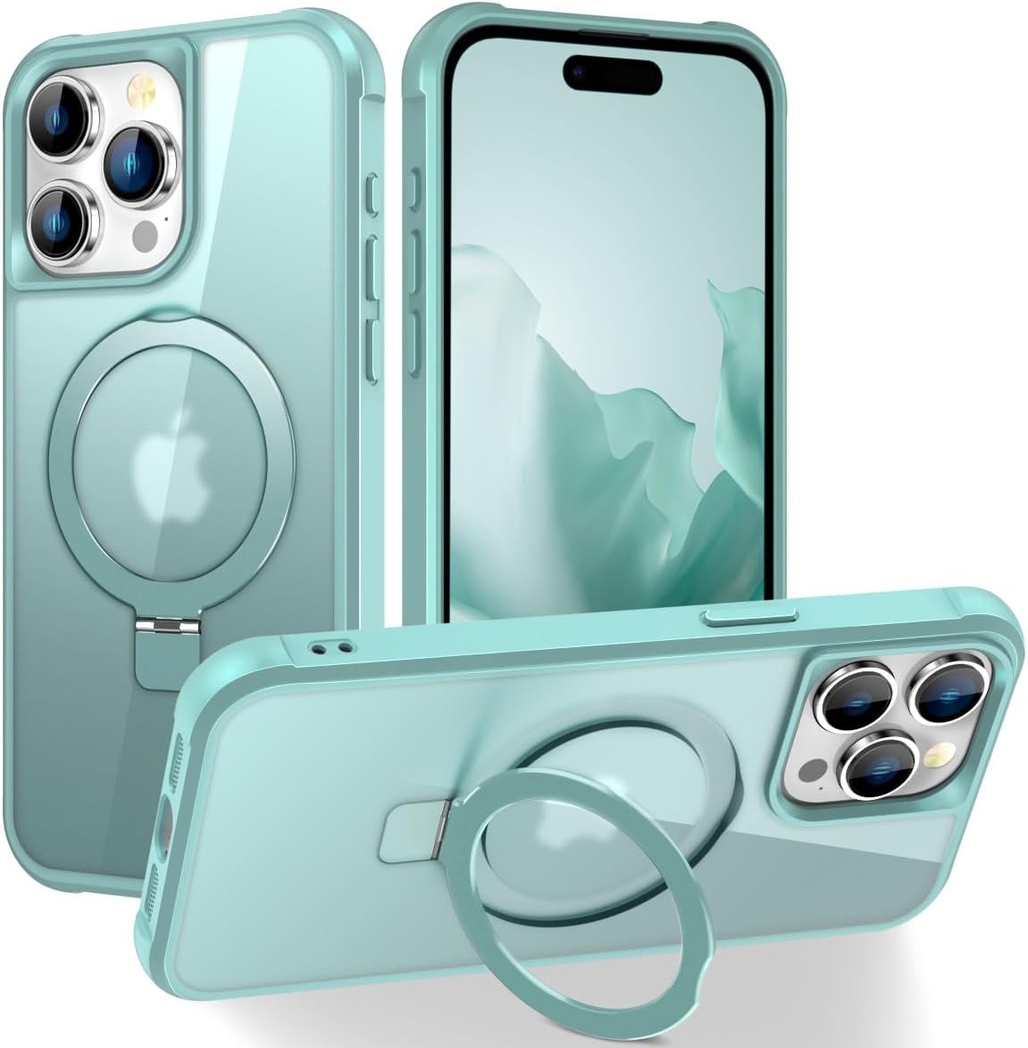 Magnetic Compatible with iPhone 15 Pro Max Case with Stand [Military Grade Drop Tested][Compatible with Magnet] Ring Translucent Slim Hard Back Soft Edge, Teal Green