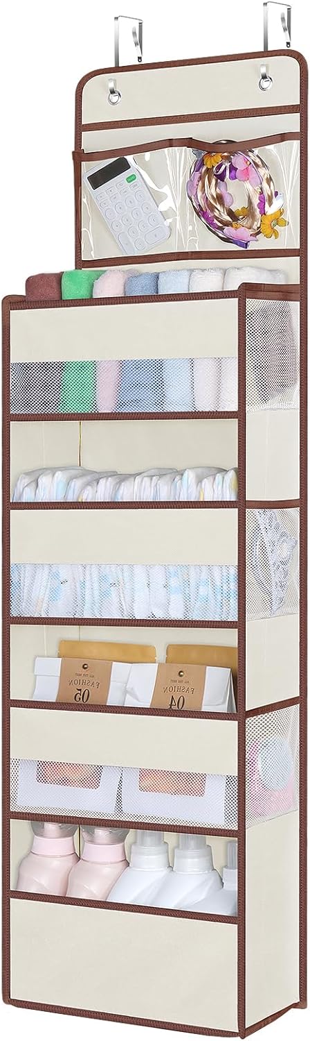Univivi Over Door Hanging Organizers and Storage Nursery Closet Cabinet Baby Storage with 4 Large Compartments 2 Small PVC Pockets with 6 Side Pockets for Cosmetics, Toys and Sundries (Beige)