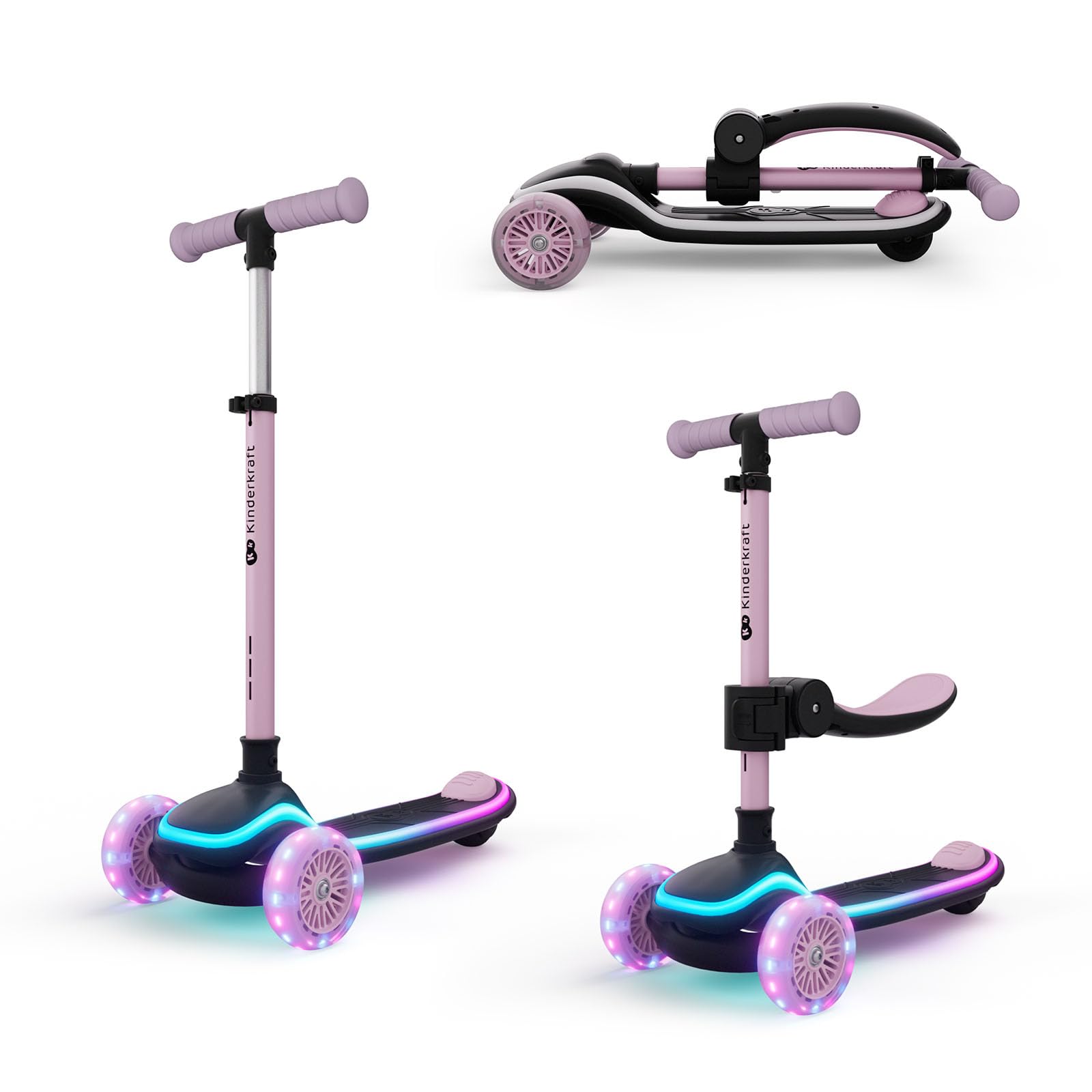 Kinderkraft RAKET UP 2-in-1 Kids Scooter with Seat, Foldable Toddler Scooter with LED Deck, RGB Light-Up Wheels, Adjustable Handlebar and Seat, Pink