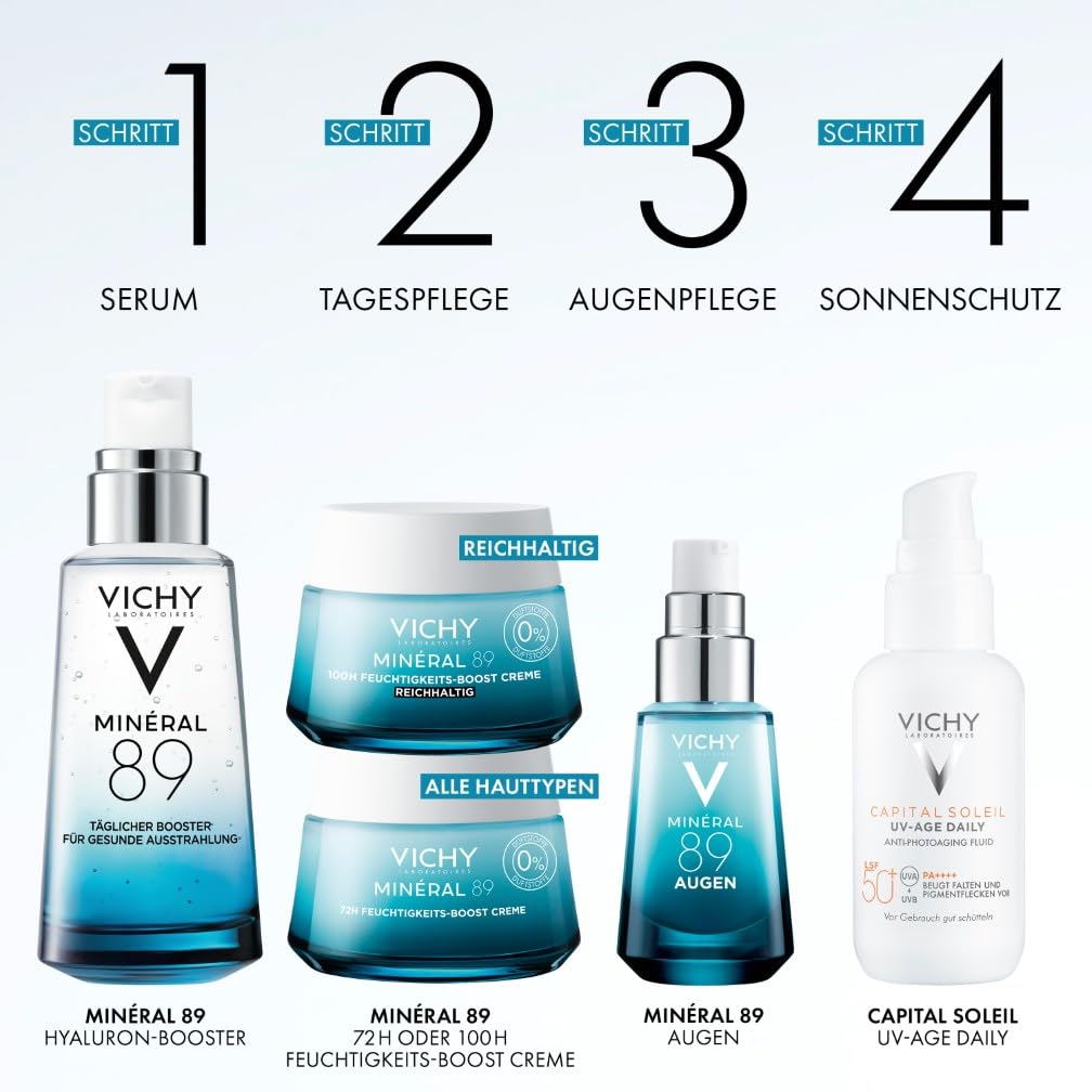Vichy Minéral 89 Feuchtigkeitsspendender und aufpolsternder täglicher Booster: Hyaluronserum mit Polyglutaminsäure für intensive Feuchtigkeit, 30 ml