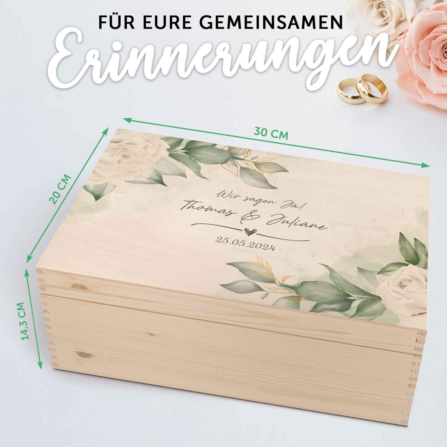 GRAVURZEILE Personalisierte Erinnerungskiste mit UV-Druck - Wedding Love Design - Personalisiert mit Namen & Datum - Erinnerungsbox für das Brautpaar - Geschenk zur Hochzeit