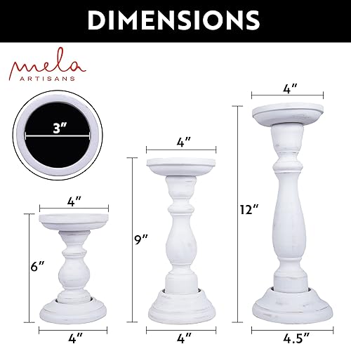 Miniatura 2 de Mela Artisans Portavelas de pilar de madera Diseño Tuli Juego de 3 candelabros de madera de mango Blanco mate Tamaños de 6 pulgadas y 9 pulgadas