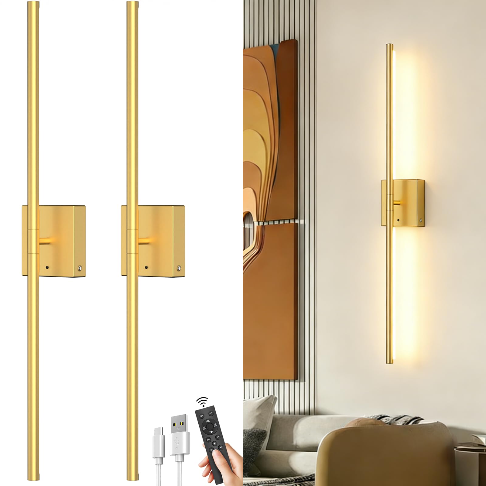 Photo 1 of [DAMAGED] Battery Powered Wall Sconce Set of Two: Gold Wireless Rechargeable Wall Lights with Touch and Remote Control, 360°Rotatable 4CCT Dimmable Cordless Scone Lighting Decor for TV Wall Bedroom Bathroom