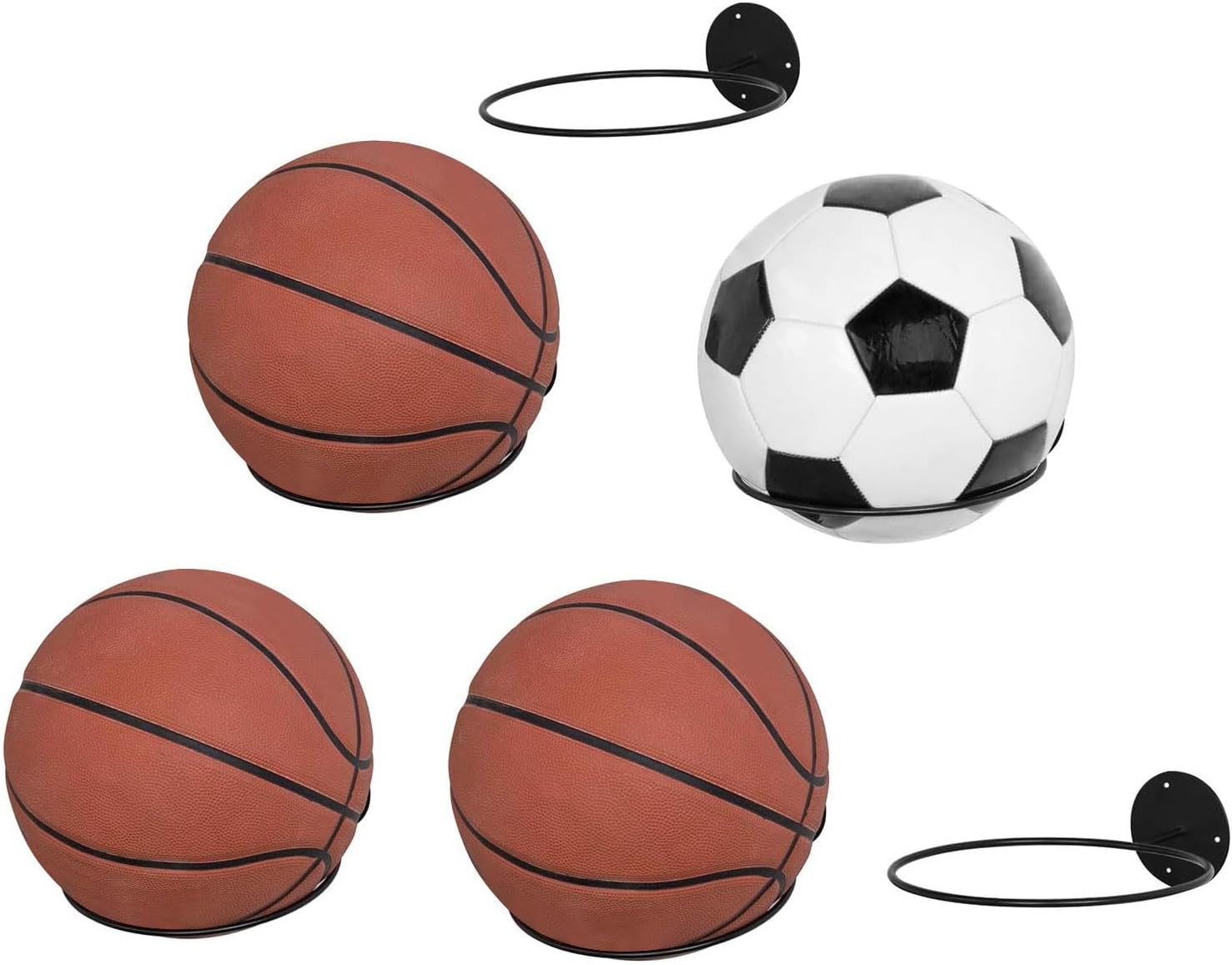 MyGift Wall Mounted Black Metal Sports Ball Storage, 7 Inch Round Display Rack for Soccer Ball, Volleyball, Basketball Holder, Set of 6