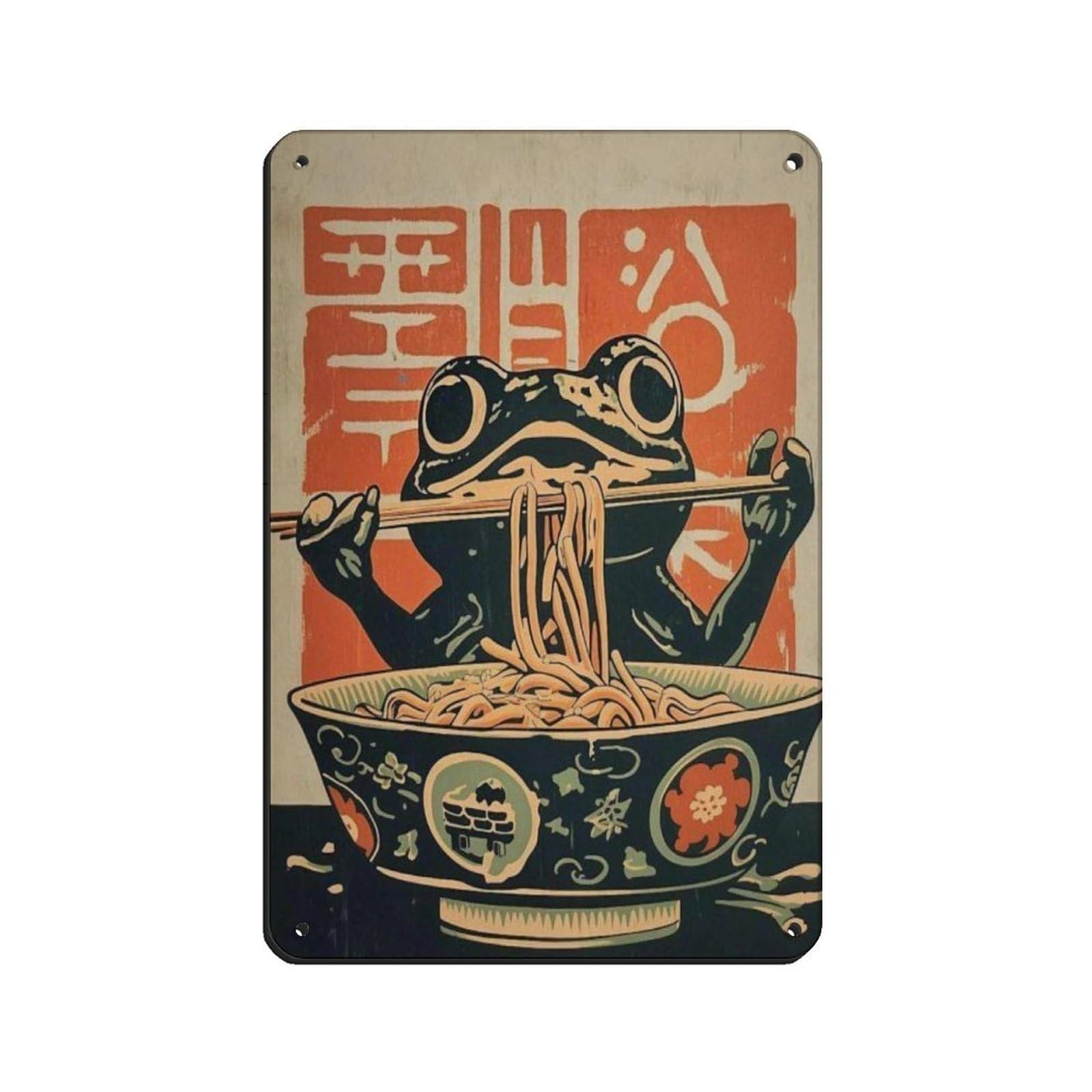 Quirky Ramen Frog Poster Retro Poster Metal Tin Sign Chic Art Retro Iron Painting Bar People Cave Cafe Family Garage Poster Wall Decoration 8x12inch(20x30cm)