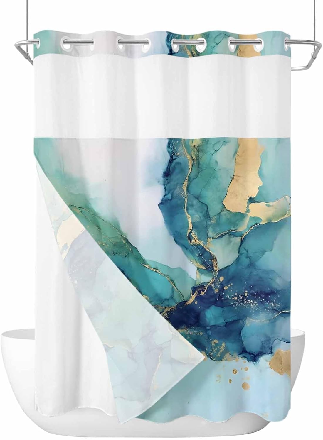 No Hook Shower Curtain, Ombre Turquoise Marble Long Bathtub Curtains with Snap in Liner, Modern Minimalist Art Gradient Waterproof Washable Fabric Shower Curtain Set, 72" x 84"