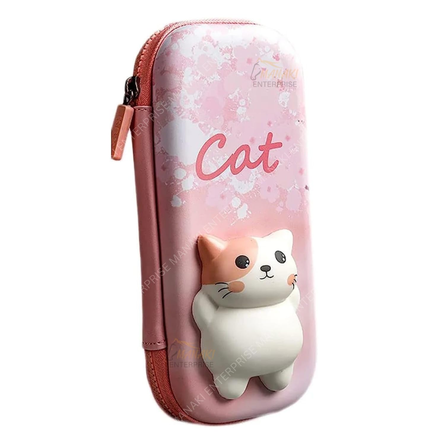 MANAKI ENTERPRISE Polyester Pencil Case, Cute Cartoon Pencil Pouch, 3D Embossed Design, Novelty Pencil Case Gift For Students Kids (Cat Pink Small)