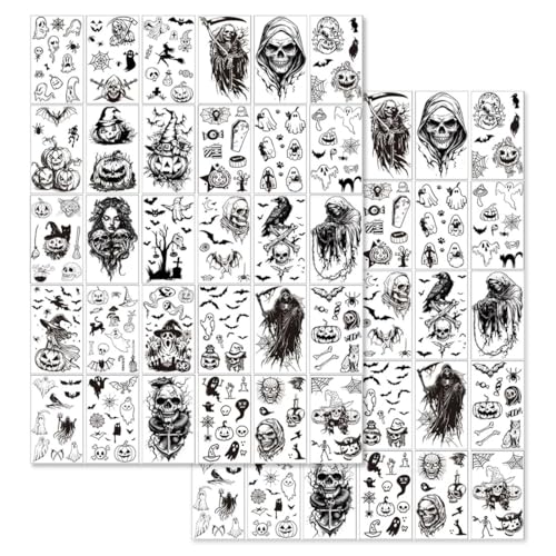 JYNXOR 60 Pcs Tatuajes Temporales, Temporary Tattoos de Halloween, Semi Permanente Tatuajes Falsos Tatuajes Temporales Adultos, Personalidad Tatuaje Temporal para Hombres y Mujeres