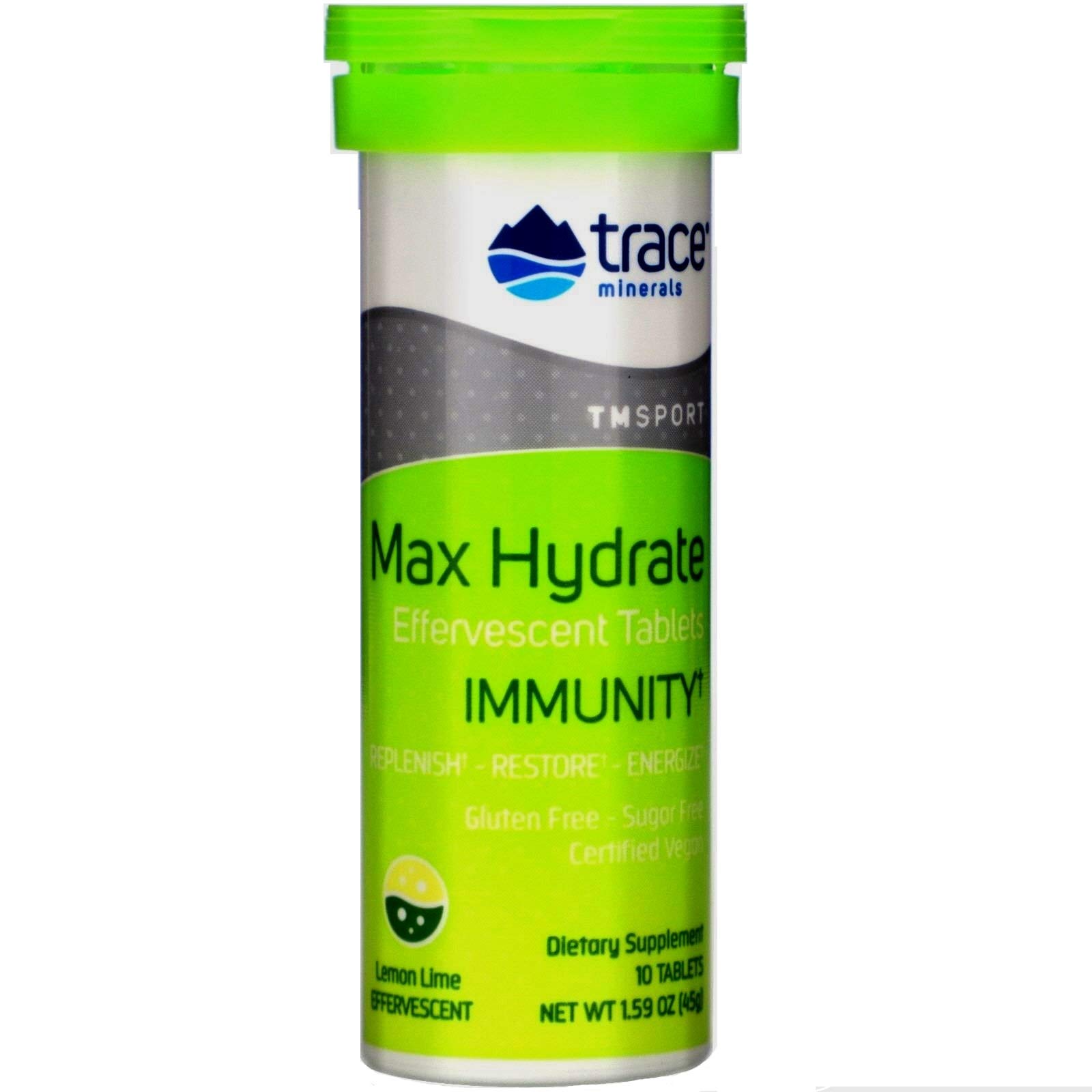 Trace Minerals Max Hydrate Immunity, Enurance & Energy Vitamin C 500mg Effervescent Tablets - Lemon Lime, 45g/1.59oz