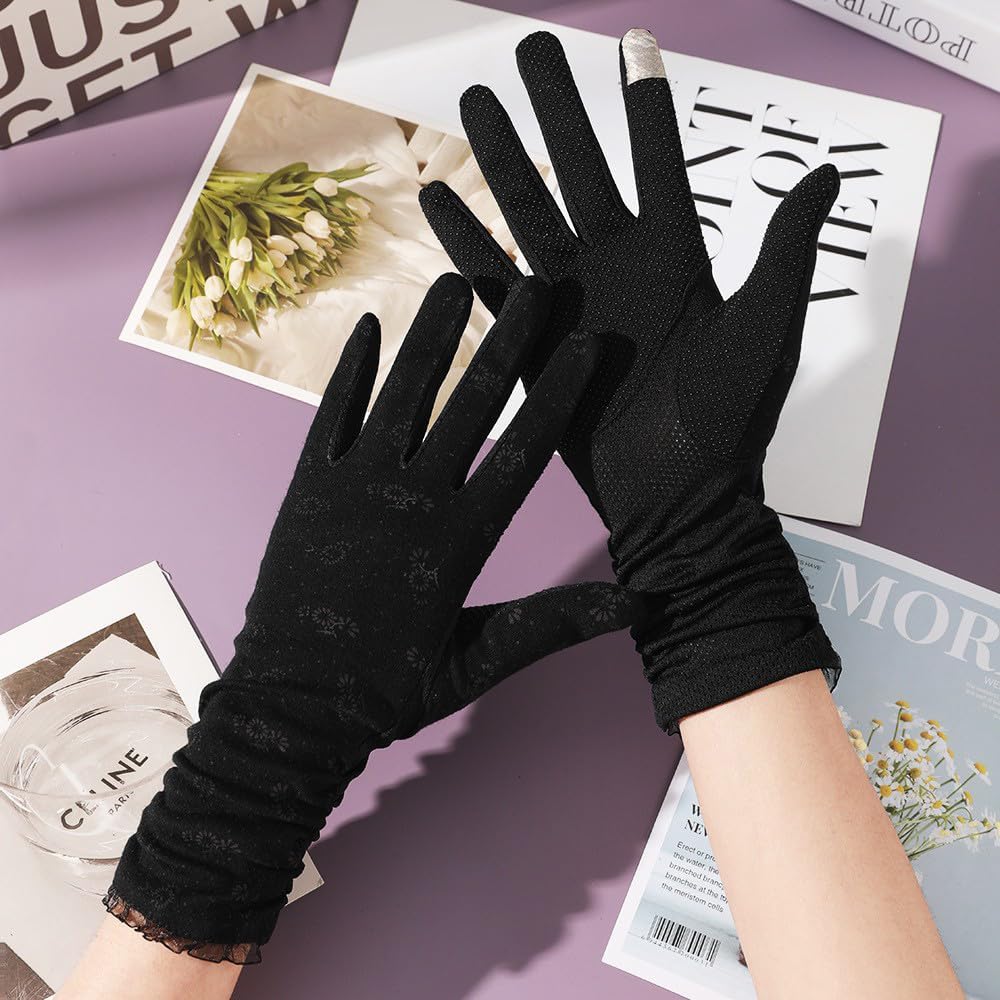 Women Driving Gloves, Women UV Sun Protection Gloves, Touch Screen Non Slip Thin Breathable Lace Glove for Driving