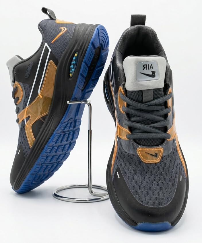 Image of Athletic Running Shoes, Dark Grey with Orange Accents, Cushion Sole, Blue Outsole, Lace-Up Sneakers
