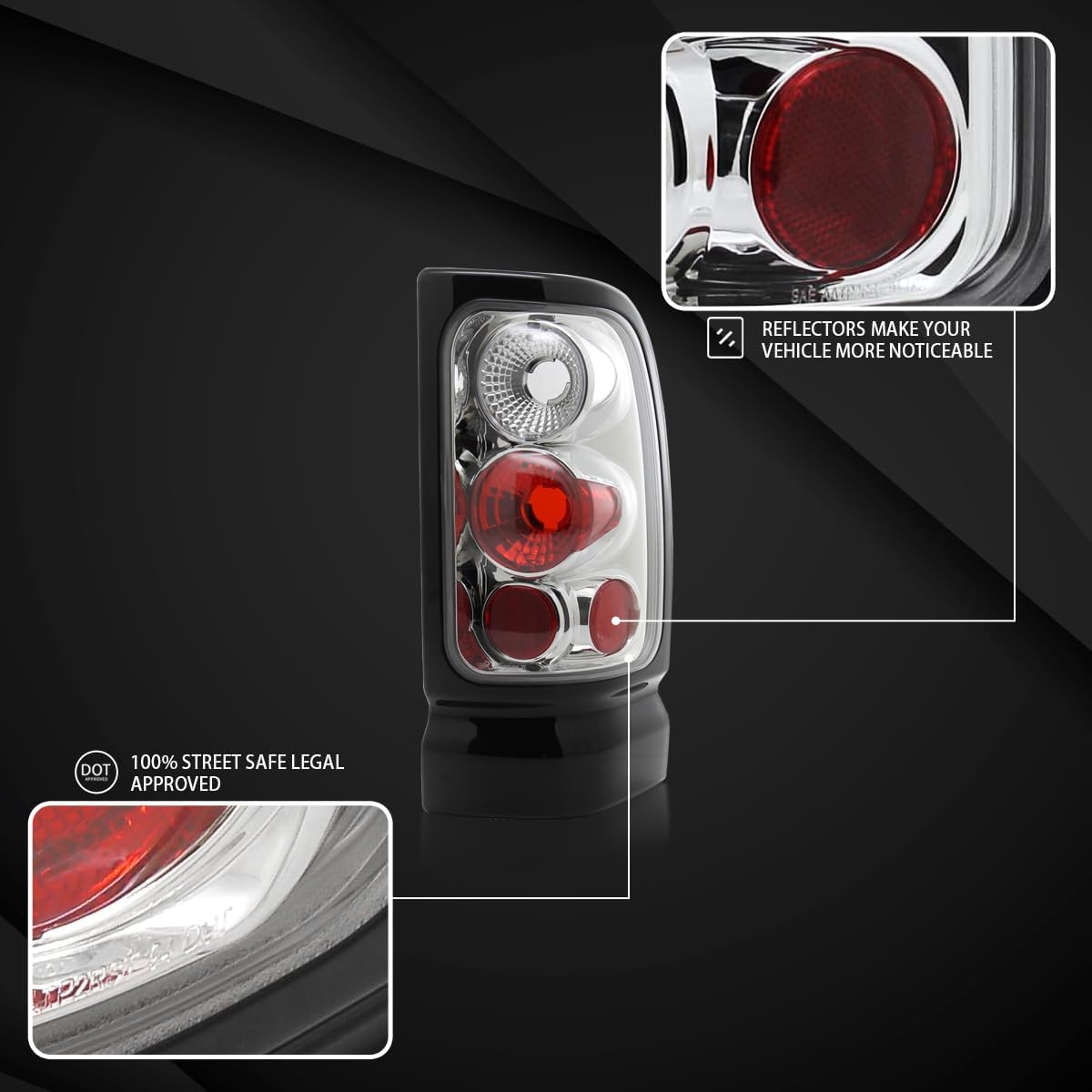 Autozensation Compatible with 1994-2001 Dodge Ram 1500/2500/3500, Left + Right Pair Assembly, Chrome Housing Clear Lens Tail Lights
