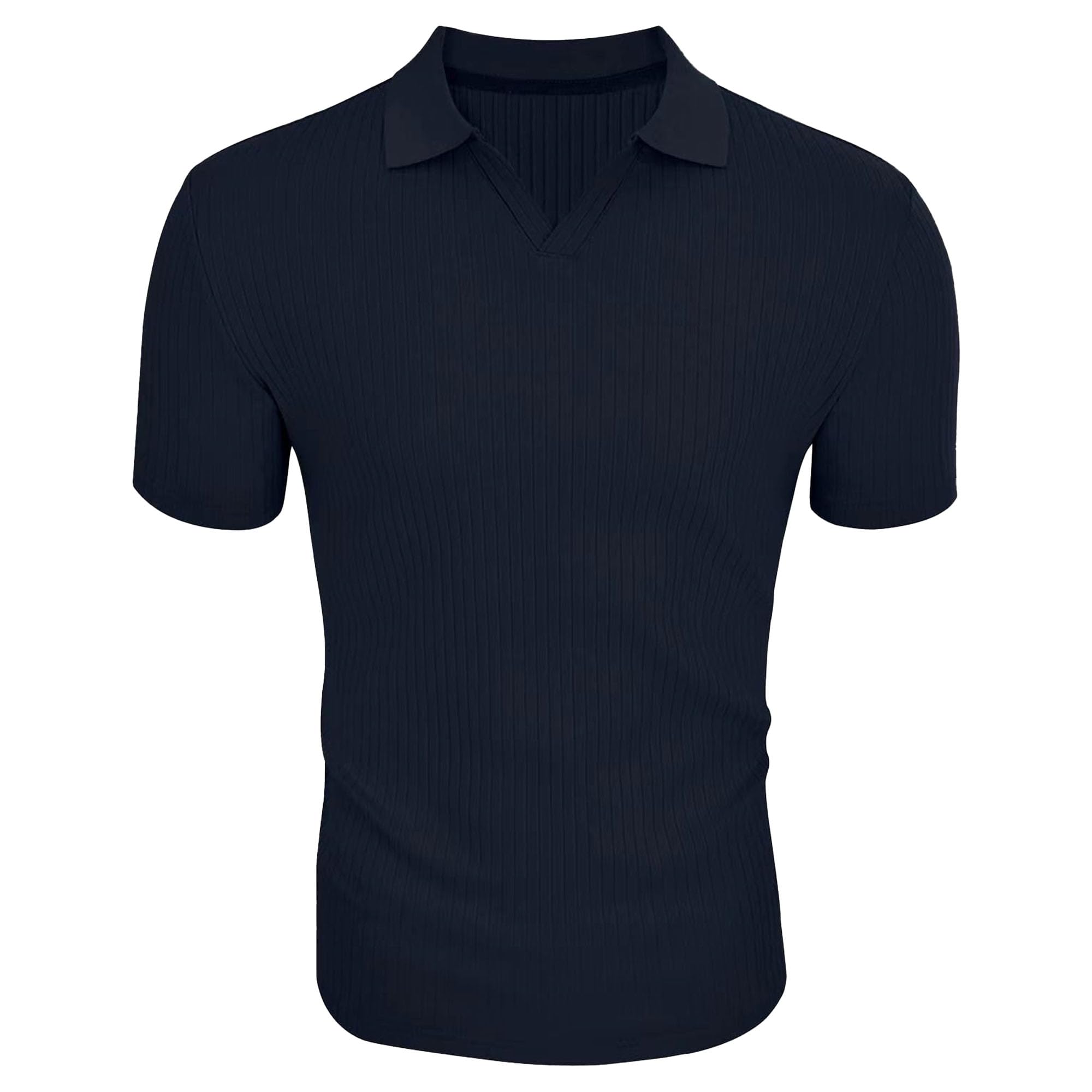 Men Lapel V-Neck Classic Wrinkle Shirts Short Sleeve Slim Fit Polo Shirt Summer Vertical Striped Pullover Tops (Dark Blue,XX-Large)
