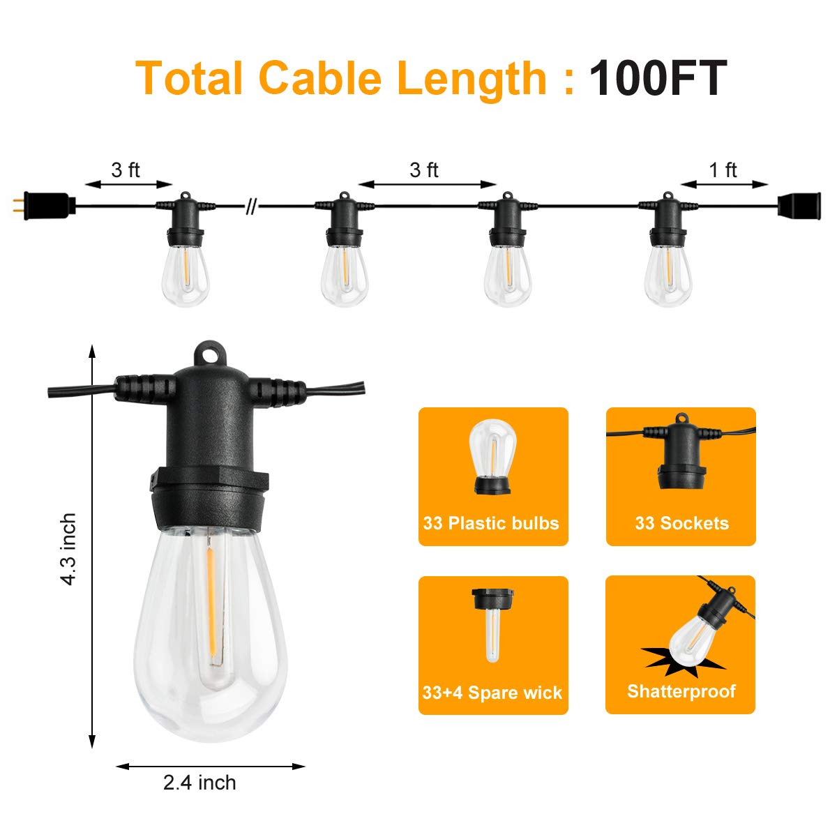 Muasdae Outdoor Led String Lights 100FT, with 33 Edison Shatterproof Bulbs(4 Spare), S14 Weatherproof Strand, Commercial Grade Patio Lights, for Backyard Porch Balcony Decor