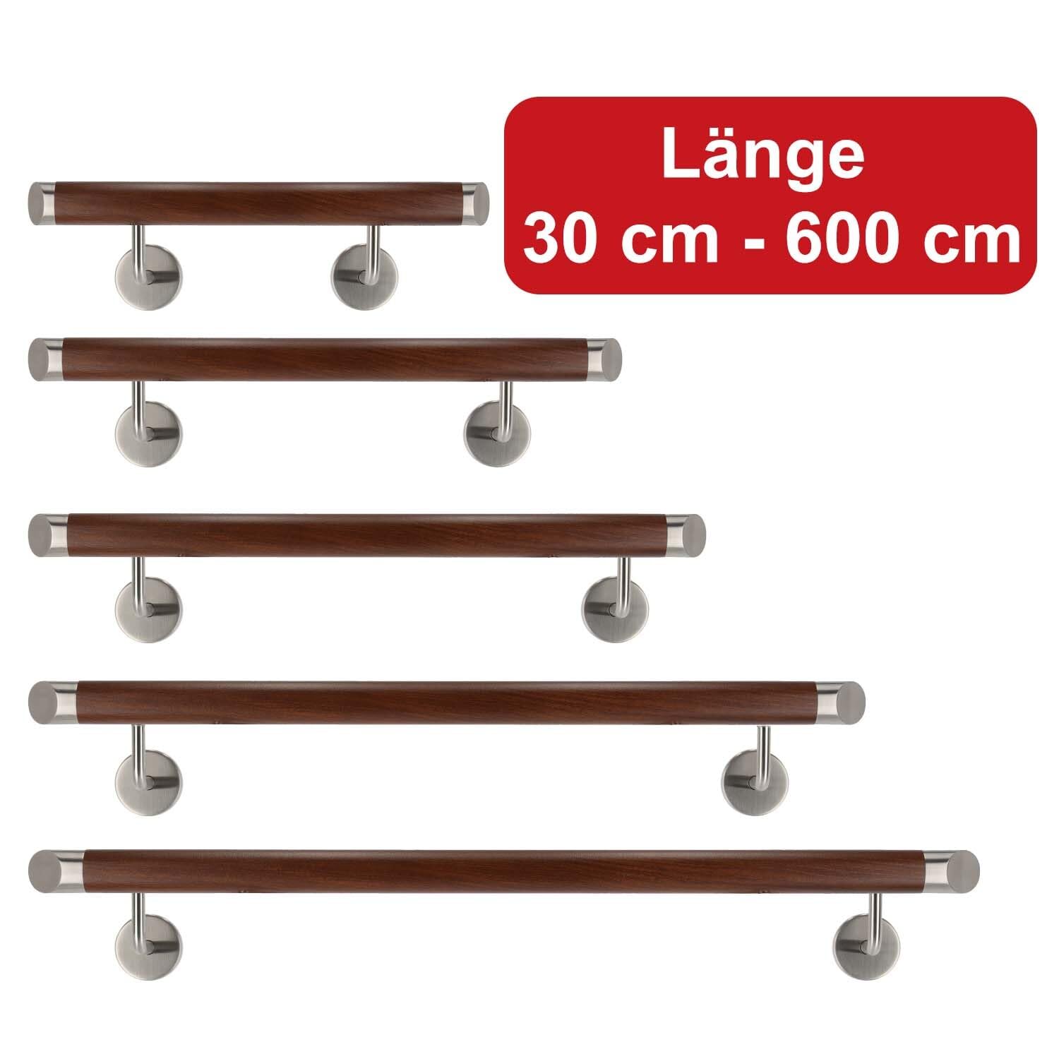 TIBU Corrimano in alluminio noce, decorazione in legno, 30-600 cm, corrimano da parete per scale, supporto in acciaio inox, lunghezza 190 cm, con 2 supporti e terminale obliquo