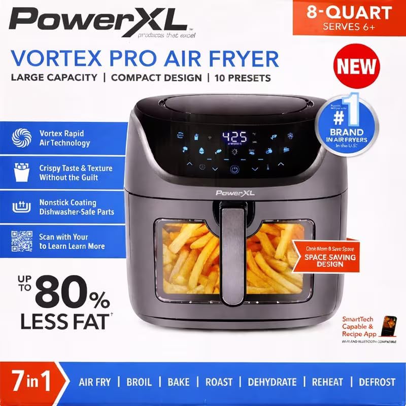 PowerXL 8QT Vortex Pro Air Fryer SmartTech WiFi/Bluetooth, 7-in-1, 10 Presets, Black/Slate